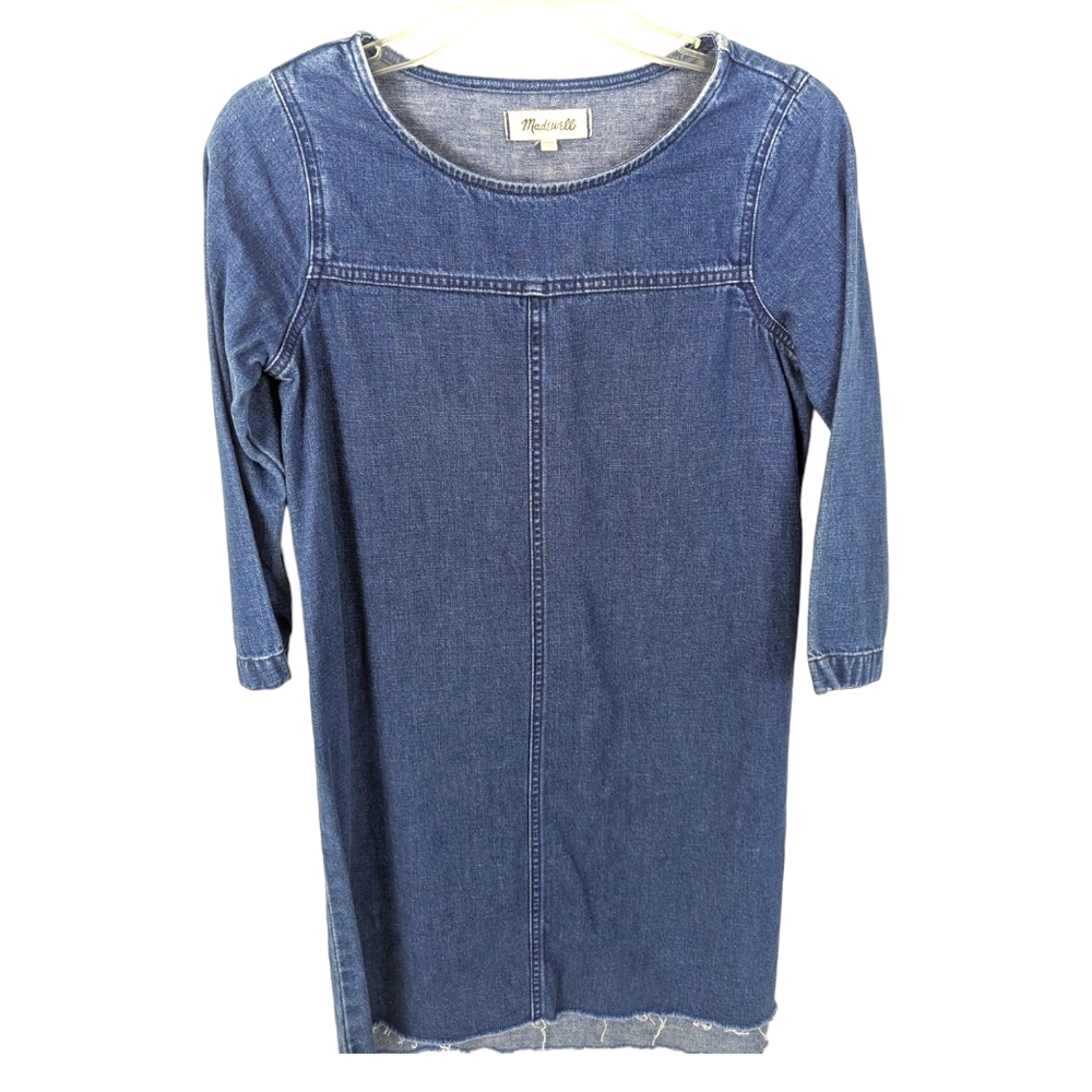 Madewell Denim Step Hem Dress Denim Shift Dress 3/4 Sleeve Raw Hem Womens XXS - Picture 3 of 10